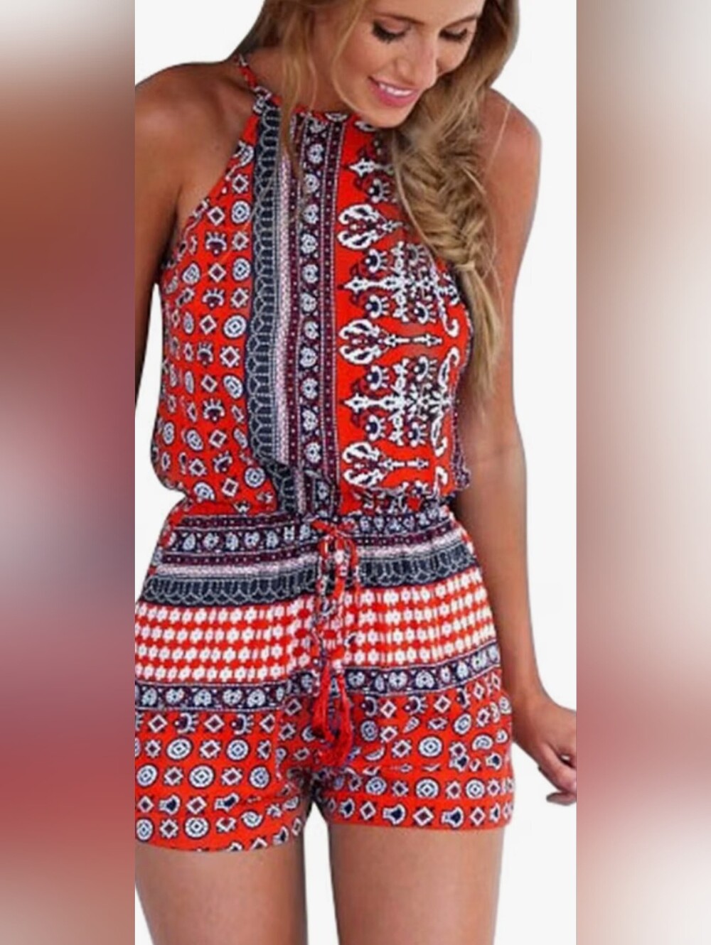 Red Multi Halter Romper w Adjustable HalterTie Cut Out Back & Drawstring Waist